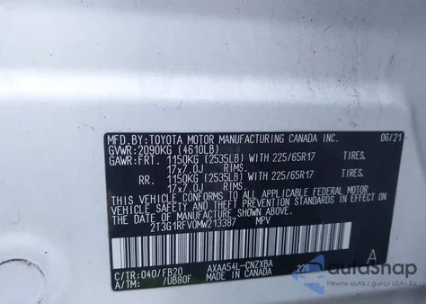 2021 Toyota Rav4 Le from USA, damaged, VIN 2T3G1RFV0MW213387